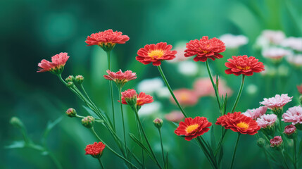 Vivid red and pink daisy flowers bloom vibrantly in a lush green field, creating a colorful and picturesque scene in the serene natural environment outside.