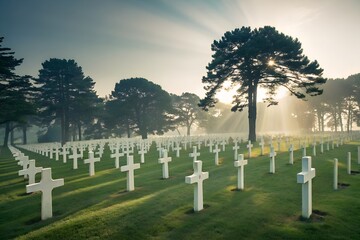 Memorial cemetery crosses gravesites and trees for remembrance concept