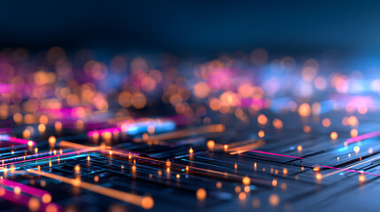 Abstract digital artwork with neon glitch effects on a dark background, depicting a concept of technology. Generative AI 82977056 1