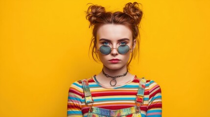 Portrait of a Stylish Redhead Girl with Space Buns Wearing Round Sunglasses Against a Yellow Background Studio Shot