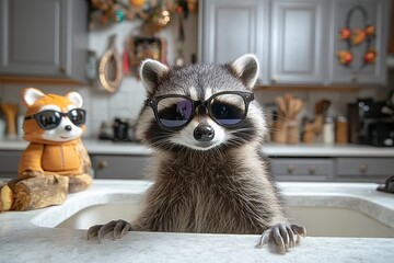 Detailed Shot of Kitchen Sink with Grey Cabinets, White Marble Countertop and Backsplash, Decorative Accents, and Stylish Raccoon in Sunglasses