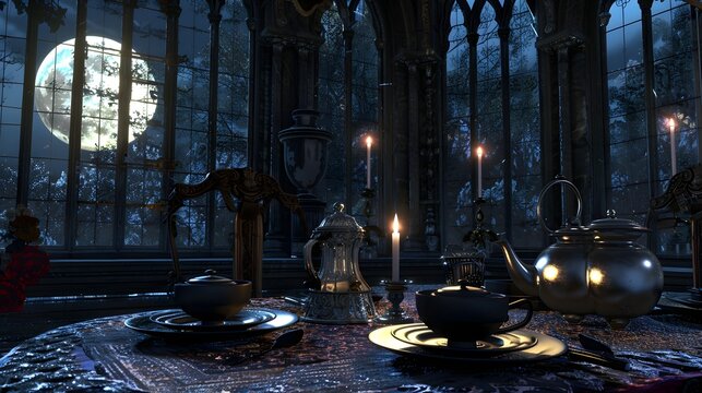 Gothic Candlelit Tea Party in a Victorian Mansion at Night
