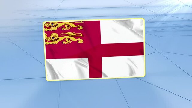 Sark National Flag 3D Render, Realistic Waving Animation on Abstract Blue Geometric Background