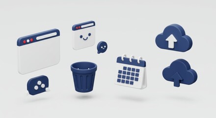 Floating Digital Icons: Browser, Cloud, Calendar, Trash, Cookie, UI Elements, 3D Render.