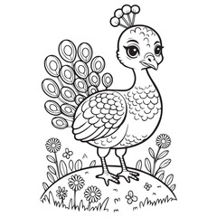 Cute Baby Peacock Coloring Page with Flowers