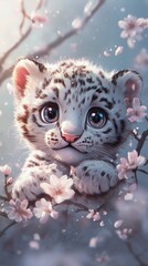Cute baby snow leopard with big eyes, Winter vibes