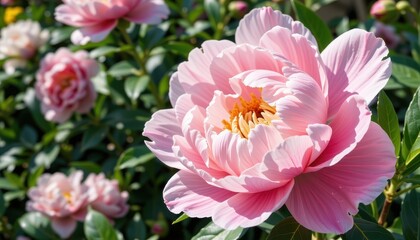 Obraz premium a delicate pink peony, its petals adorned with a cascade of tiny raindrops, seemed to have absorbed the beauty of a spring shower.