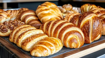 Fototapeta premium Golden Brown Pastries and Bread Assortment on Dark Background