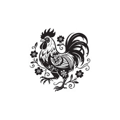 Ornate Rooster Silhouette with Floral Accents