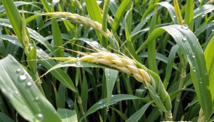 a canvas of verdant green, where raindrops, like diamonds, kissed each glistening leaf of a grain plant, painting its surface in shades of gold and silver.