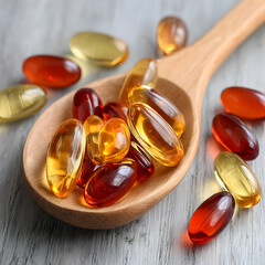 Colorful capsules in a wooden spoon on a light surface.
