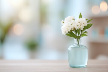 clean image spotlighting serene beauty salon with minimalistic decor and blurred people in background