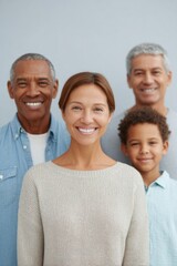 diverse family stands together in minimalistic setting