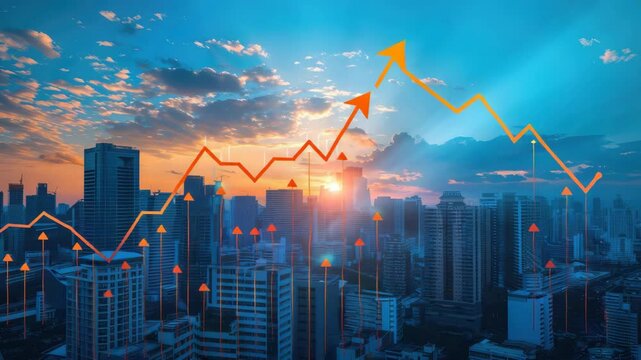 Stunning sunset over a city skyline with rising trend lines representing economic growth and financial optimism