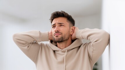 Young man covering ears and expressing discomfort in modern interior, sad and nervous  