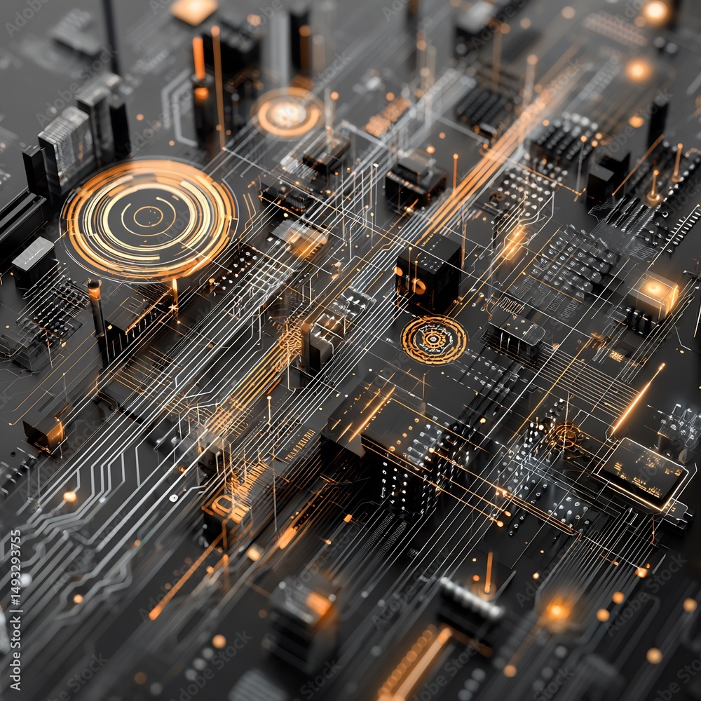 Poster intricate circuit board architecture with glowing nodes and connection pathways