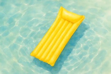 Delicate Watercolor of Yellow Pool Float Drifting in Tranquil Turquoise Swimming Pool from Above