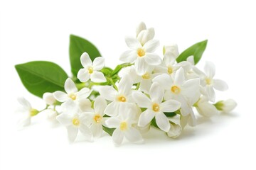 Obraz premium A bunch of small white jasmine flowers with star-shaped petals, isolated on a white background