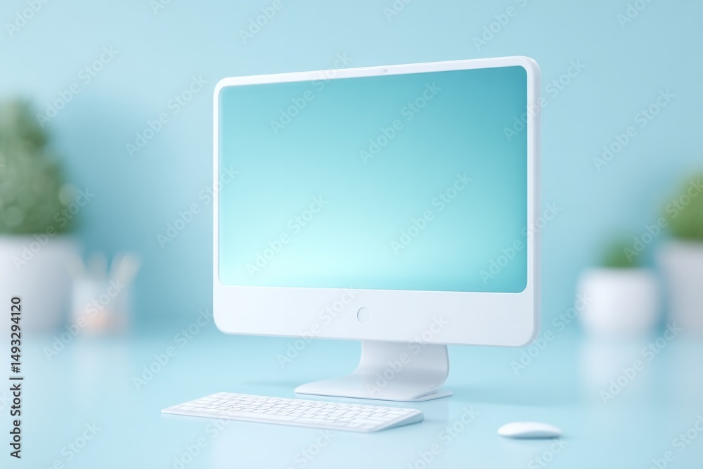 Poster minimalist workspace features sleek computer setup complete with drawing tablet and clean modern des