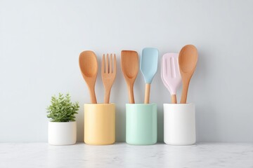 minimalistic image of clean kitchen countertop featuring cleverly organized array of colorful utensils to showcase