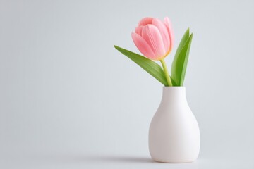 minimalistic photo of single tulip in vase on white background