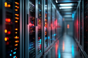 Futuristic data center with rows of servers and blinking lights.