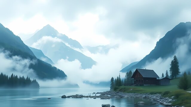A serene watercolor background shows misty mountains near a cabin by a tranquil river.