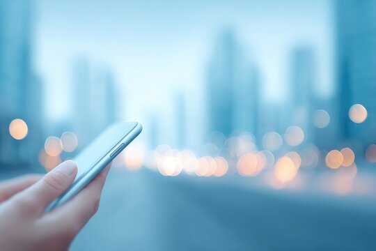 person in foreground uses modern electronics blurred urban scene in background enhances focus