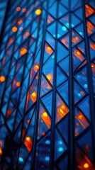 Fototapeta premium Illuminated glass facade of a modern building at night. Geometric pattern