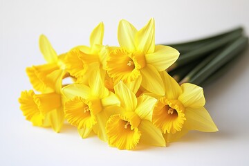 Fototapeta premium A bunch of bright yellow daffodils, with trumpet-shaped petals, isolated against a plain white surface