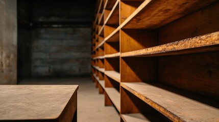 Solitary Desk and Dust-Laden Shelves in an Old, Empty Room with a Mysterious Atmosphere