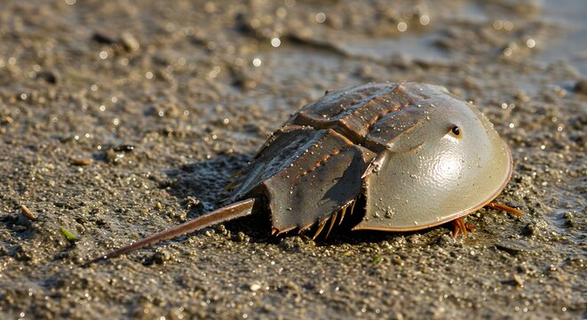 A horseshoe crab resting on a muddy surface with its tail visible in the foreground