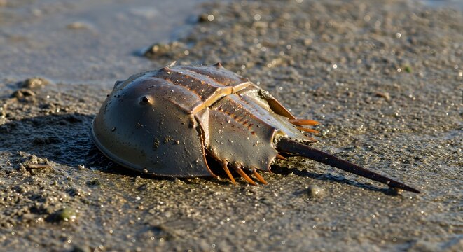 A horseshoe crab resting on a muddy shore with its tail visible in the sunlight
