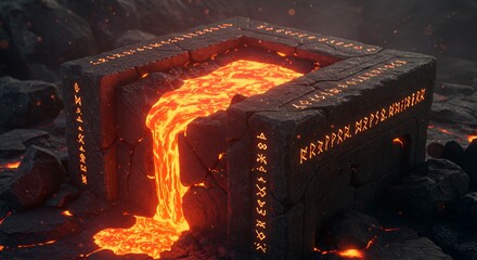Stone Basin with Flowing Lava and Runes