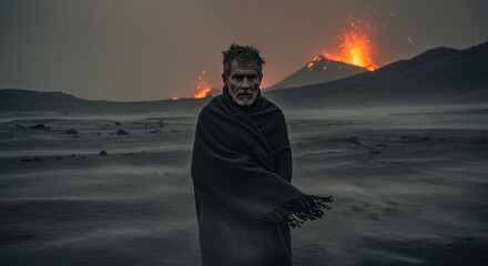 Man in Blanket Volcanic Landscape