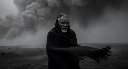 Man with Blanket Standing in Volcanic Ash Landscape