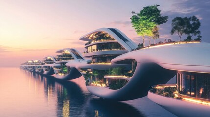 Fototapeta premium Futuristic floating homes at sunrise
