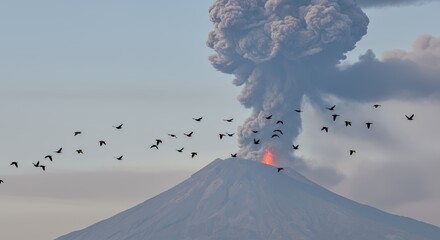Volcano Eruption Bird Flight Ash Cloud Scenery