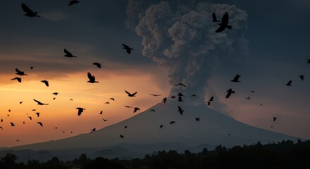Volcano Eruption Bird Flock Fly Sunset Sky