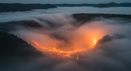 Lava River in Cloud Filled Valley
