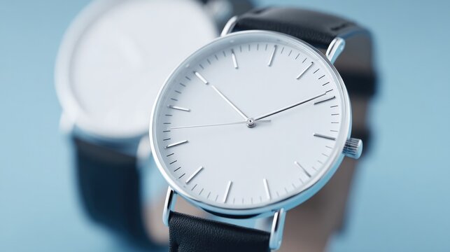 close-up of minimalist wristwatch set against clean undistracted copy space focus on sleek design