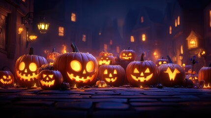Fototapeta premium Illuminated jack-o'-lanterns on a cobblestone street at night, set against a backdrop of a quaint village