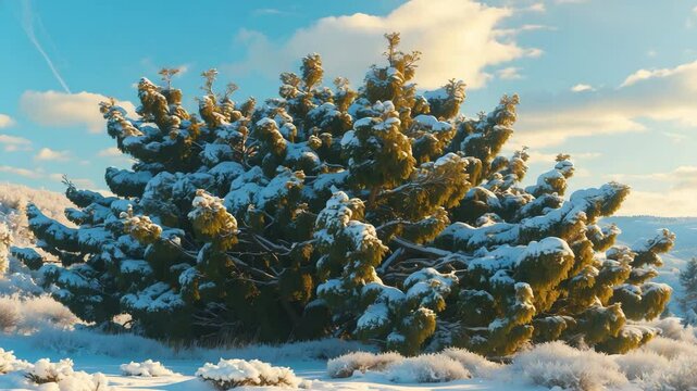 A broad bush wrapped in a layer of new snow
