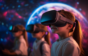 A classroom of elementary school children uses virtual reality headsets for an immersive space exploration lesson. The vibrant mural behind them enhances the experience.