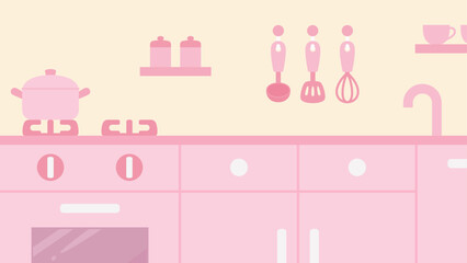 かわいいキッチンの背景イラスト_ピンク_16:9 © ふわぷか
