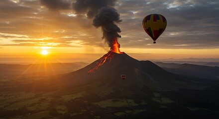 Volcano Eruption with Hot Air Balloons at Sunset