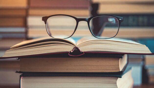 Open Book And Glasses On Stack Of Vintage Books