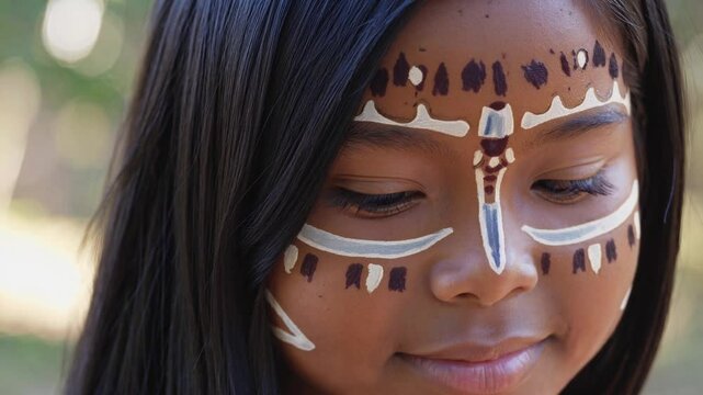 Young indigenous girl displays elaborate traditional face paint, representing cultural heritage