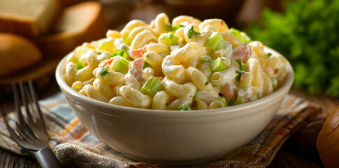 Creamy Macaroni Salad Served In White Bowl With Celery and Other Ingredients on a Checkered Cloth with Bread in Background