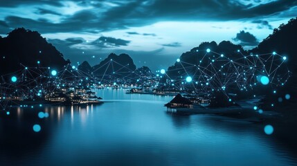 Coastal city network at twilight.  Digital connections weave through illuminated homes and islands